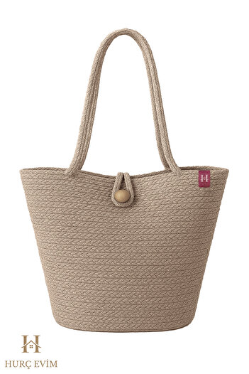 HURCEVİM Beige Jute Look Vegan Beach Bag – Large Volume Summer Handle Bag – Bohemian Style