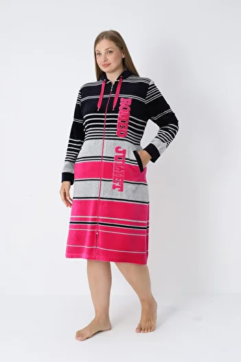 ROMEO LİFE Women's Plus Size Cotton Velvet Zipper Dress 3291