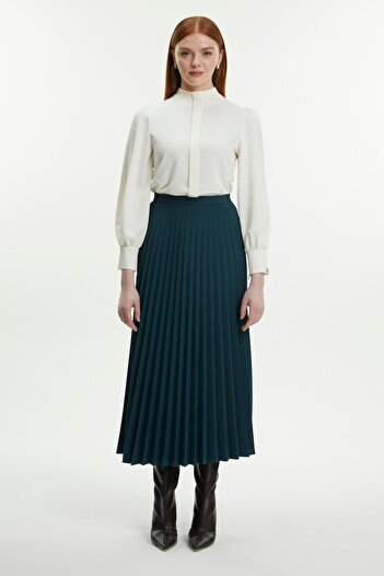 Zühre Pleated Patterned Emerald Skirt Etk-0155