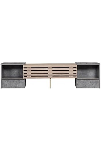 BAYTI Baiti Wooden Malaysian TV Table with Moving Drawers in Gray and Wood Colors, Dimensions 160×40×42