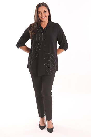 Metpoint Trend42Plus Large Size Stone Print Detailed Woven Black Shirt