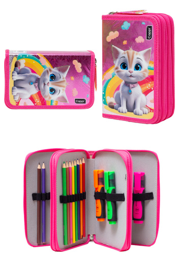 MUCCO Pink Cat Patterned Pvc Three Compartment Girl's Organizer Pen Holder Pencil Case -Cp7002