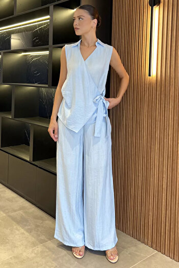 GÜLSELİ Baby Blue Women's Double Breasted Collar Tie Detailed Blouse Trousers Double Suit