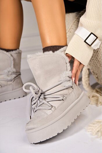 Joana Women's Grey Fur-lined Boots Made of Eco-Suede Leather Naviana