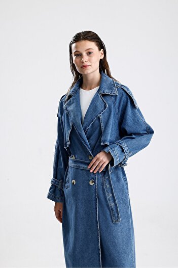 KIKU Oversize Kuşaklı Uzun Denim Trençkot