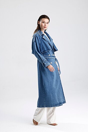 KIKU Oversize Kuşaklı Uzun Denim Trençkot
