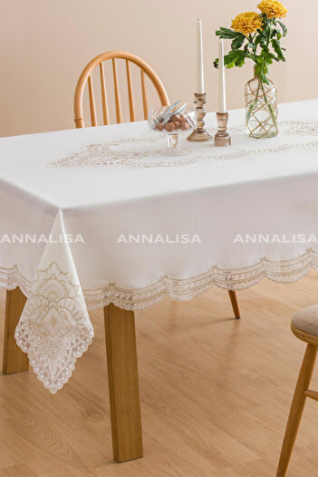 Annalisa Olivya Linen French Lace Tablecloth Cream Gold