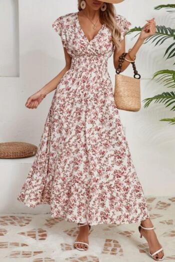 Mossta Double Breasted Collar Elastic Waist Floral Patterned Dress - Ecru