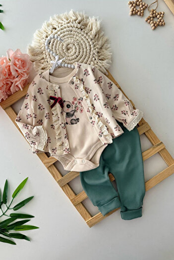 Fulla Moda 100% Cotton Floral Patterned Ruffle 3-Piece Girl's Set