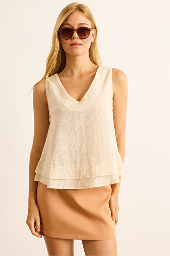 Olalook Women's Beige V-Neck Linen Look Flam Bell Blouse Blz-19003060