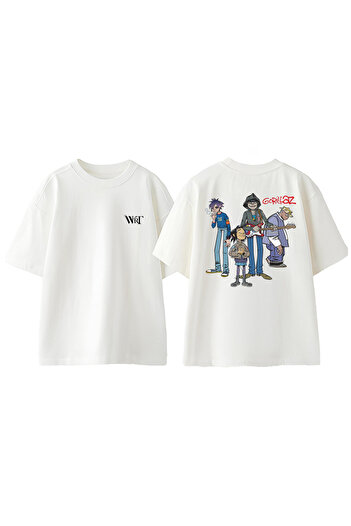 THEWERT Μπλουζάκι Gorillaz Self Titled Design με στάμπα από βαμβακερό λευκό oversize