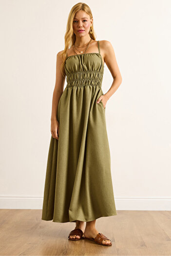 Olalook Women's Khaki Strap Adjustable Pocket Gipe Detailed Maxi Dress Elb-19002519