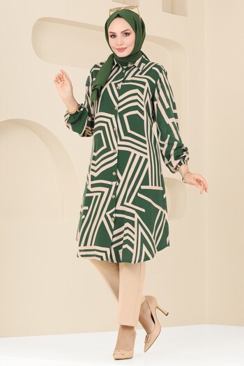ModaMerve Geometric Pattern Viscose Tunic 0173Bg354-Ms Emerald&Vision