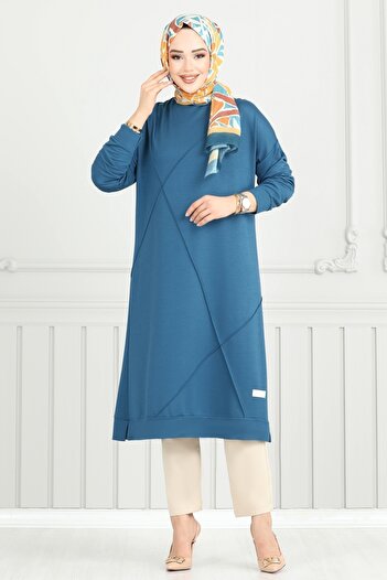 ModaMerve Arma Detail Hijab Tunic 2696Ayd574-Ms Petrol