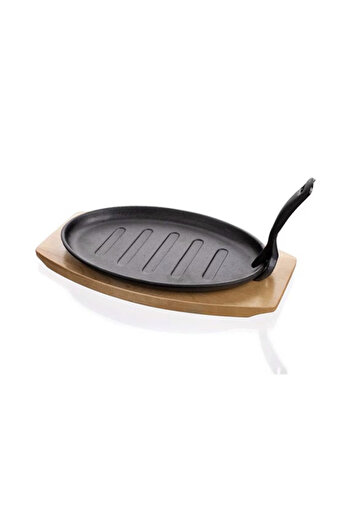 N2L Store Grill pan, N2L Store, cast iron with wooden support, removable handle, black/brown, 27x17.5 cm