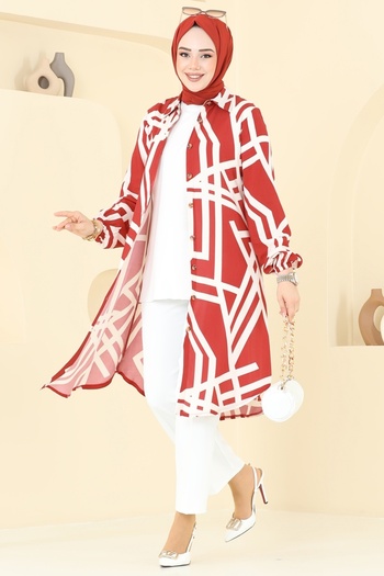 ModaMerve Geometric Pattern Viscose Tunic 0173Bg354-Ms Red&Ecru
