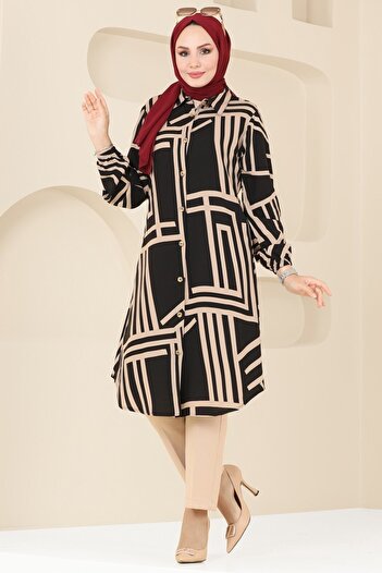 ModaMerve Geometric Pattern Viscose Tunic 0173Bg354-Ms Black&Vision