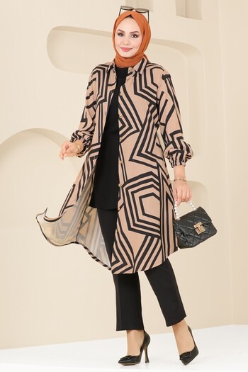 ModaMerve Geometric Pattern Viscose Tunic 0173Bg354-Ms Vision&Black