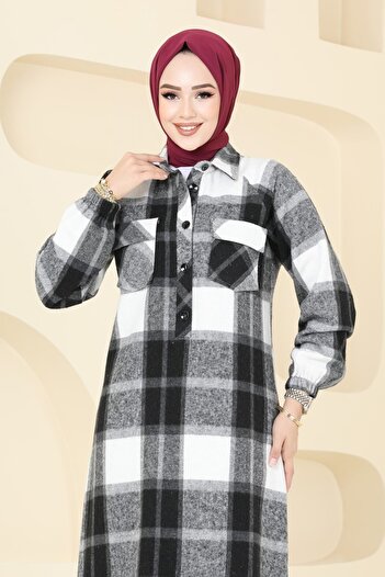 ModaMerve Yarım Düğmeli Ekose Tunik 9003S324-MS Siyah