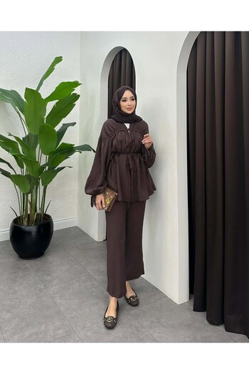 Vİ&FA BUTİK Women's Gathered Detailed Belted Trousers Suit Brown