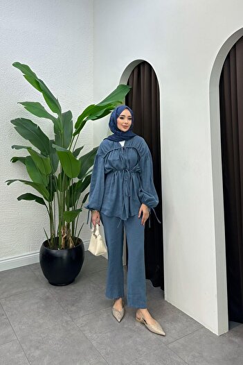 Vİ&FA BUTİK Women's Gathered Detailed Belted Trousers Suit Blue