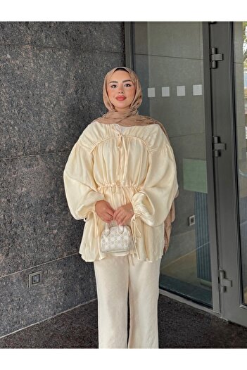 Vİ&FA BUTİK Women's Gathered Detailed Belted Trousers Suit Beige