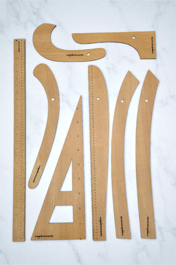 woodmomente 8'li Ahşap Riga Cetvel Takımı-4mm 1. Kalite Kayın MDF-Terzi ve Kalıp Çizim Cetveli Seti