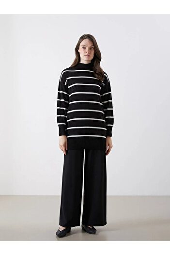 LC Waikiki Lcw Modest Black Stand Collar Striped Women's Knitwear Tunic