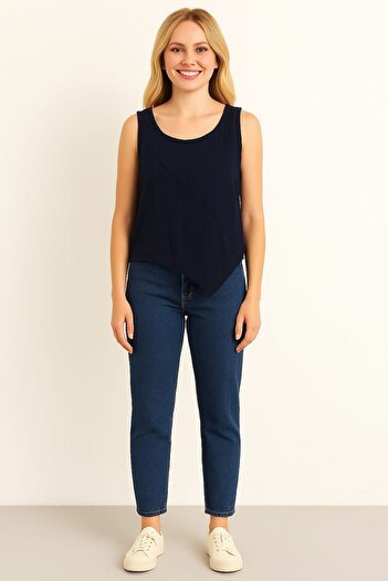 enmodaiçgiyim Navy Blue Asymmetric Cut 100% Cotton Muslin Summer Women's Blouse – Loose and Comfortable Fit