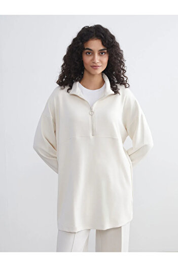 LC Waikiki Lcw Modest Beige Stand Collar Women's Sweatshirt Tunic