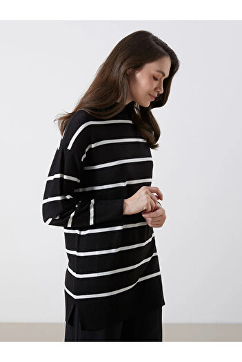 LC Waikiki Lcw Modest Black Stand Collar Striped Women's Knitwear Tunic