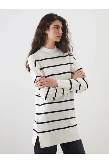LC Waikiki Lcw modest ecru striped women's knit tunic with high collar