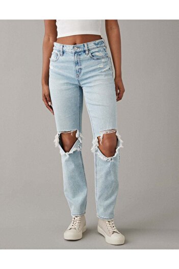AMERICAN EAGLE AE Stretch Super High-Waisted Ripped Ankle Straight Jean