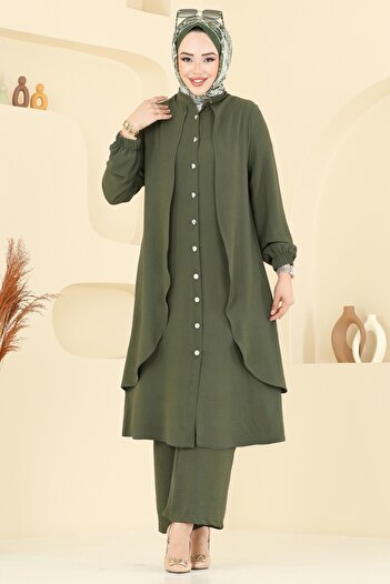 ModaMerve Front Button Aerobin Suit 425Dvl817-Ms Khaki