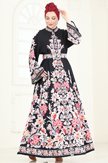 ModaMerve Sual Ethnic Pattern Hijab Dress 4235Jnf844-Ms Pomegranate Flower&Black