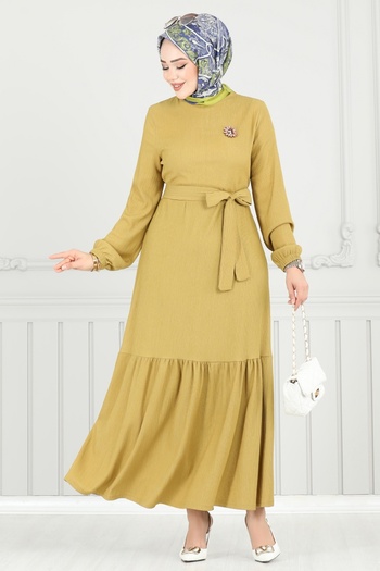 ModaMerve Brooch Detail Wrap Dress 422Dvl817-Ms Fat Green
