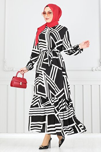 ModaMerve Geometric Patterned Viscose Dress 811Ozn1046-Ms Black