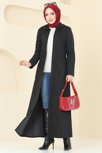 ModaMerve Front Zipper Overcoat Ferace 1904Znn863-Ms Black