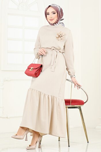 ModaMerve Rose Detailed Dress 801Ozn1046-Ms Stone