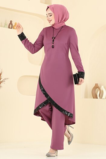 ModaMerve Pul Sequin Suit with Necklace 4559Asmk1074-Ms Dusty Rose