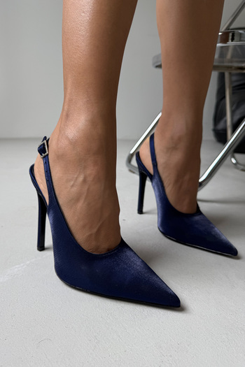 AYAKKABI PRENSİ Elu Stone Buckle Detailed Dark Blue Satin