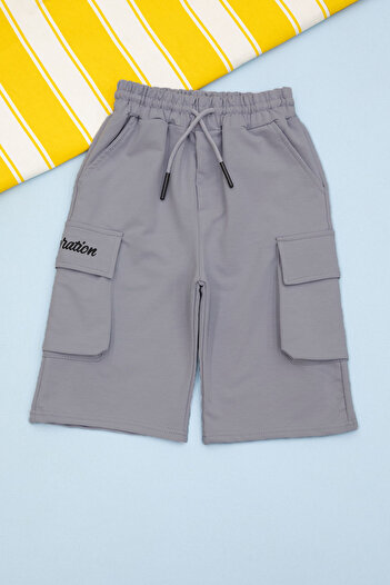 Cansın Mini Dark Gray Pocket Text Printed Boys Shorts with Elastic Waist 21172