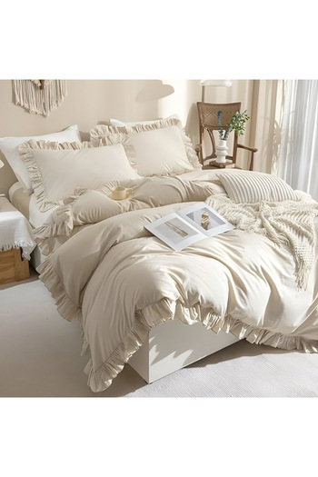 METİNEV Cream Color Ruffled Cotton Satin Duvet Cover Set – Double – Skin Friendly