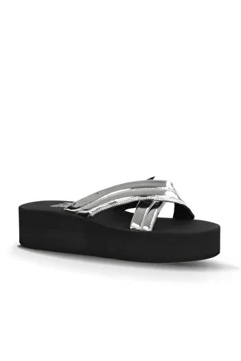 Bueno Shoes Silver Shiny Mirror Women's Wedge Heeled Slippers 26Wt614536