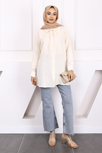 İmajButik Beige Glitter Striped Linen Tunic