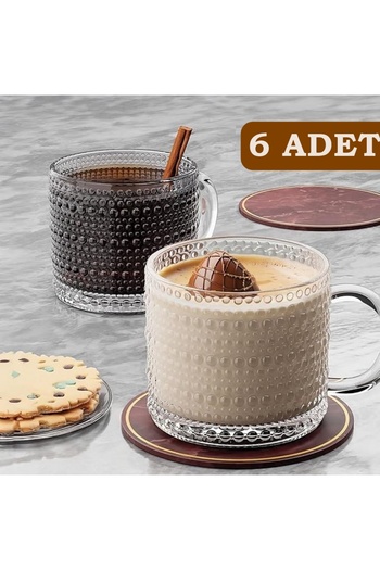 Karçiçeği Home 6'Lı Cam Çay, Kahve ve Latte Fincanı Carnaval Desen Özel Tasarım Lüks Kupa Mug Fincan 300ml