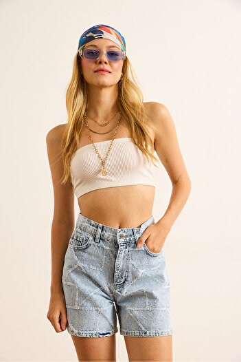Olalook Women's Asymmetrical Blue Laser Tumbled Detailed Denim Shorts Shrt-19000076