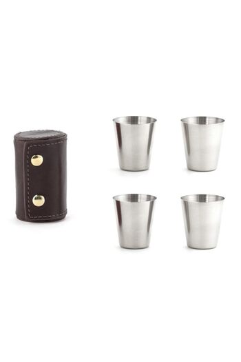 Generic Kikkerland BA59 Shot Glasses with Leather CASE, Stainless Steel, Brown, 5 Piece Set
