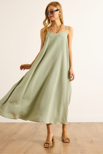 Olalook Women's Khaki Strap Adjustable Linen Bell Dress Elb-19002527