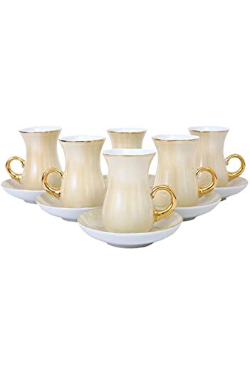 Generic Shallow Bone China Istikan Cups And Saucers Set, Beige/Gold, Yd505208-Hp, 12 Pieces